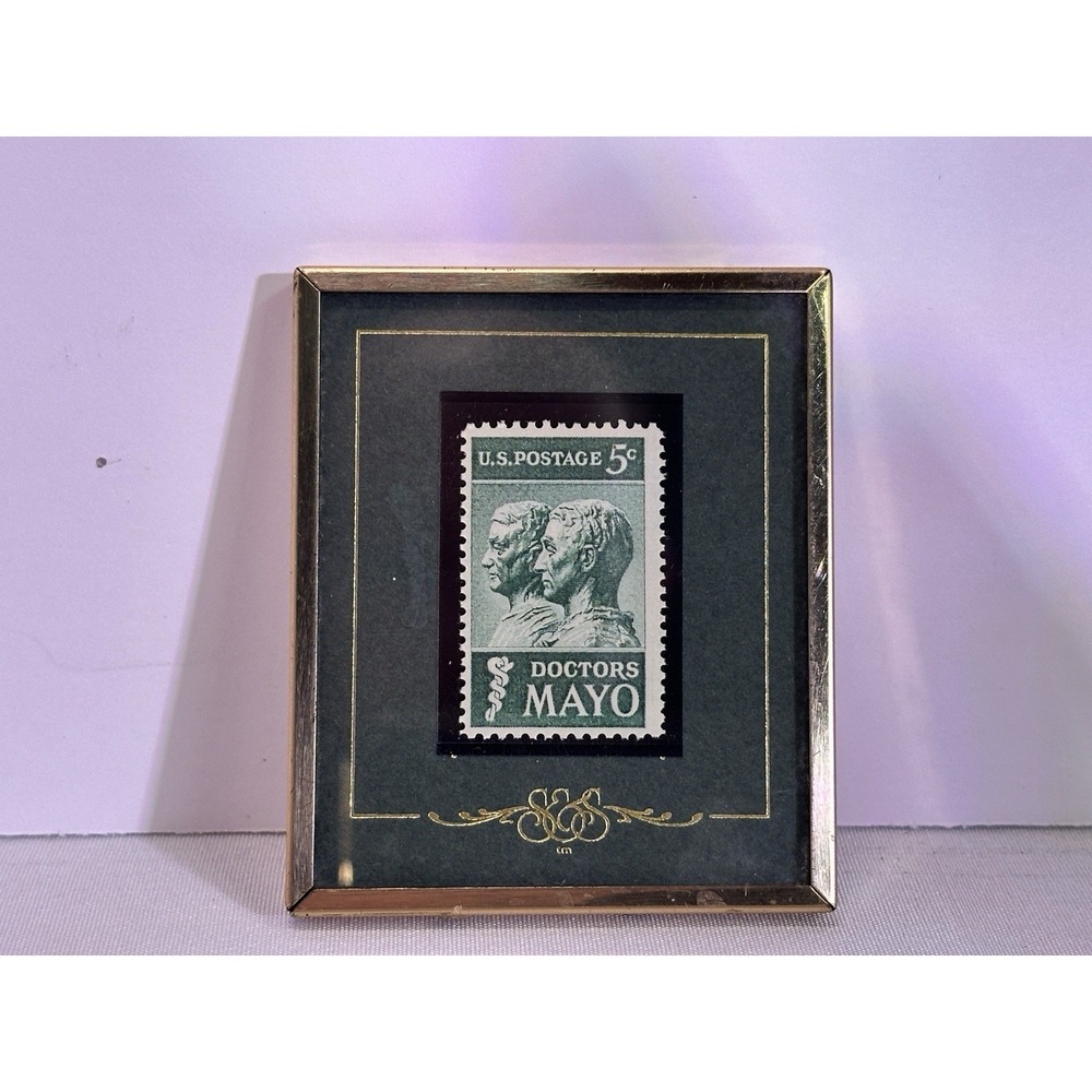 Vintage Miniature Framed Print Of USA Postage Doctors Mayo, Stamp Stories